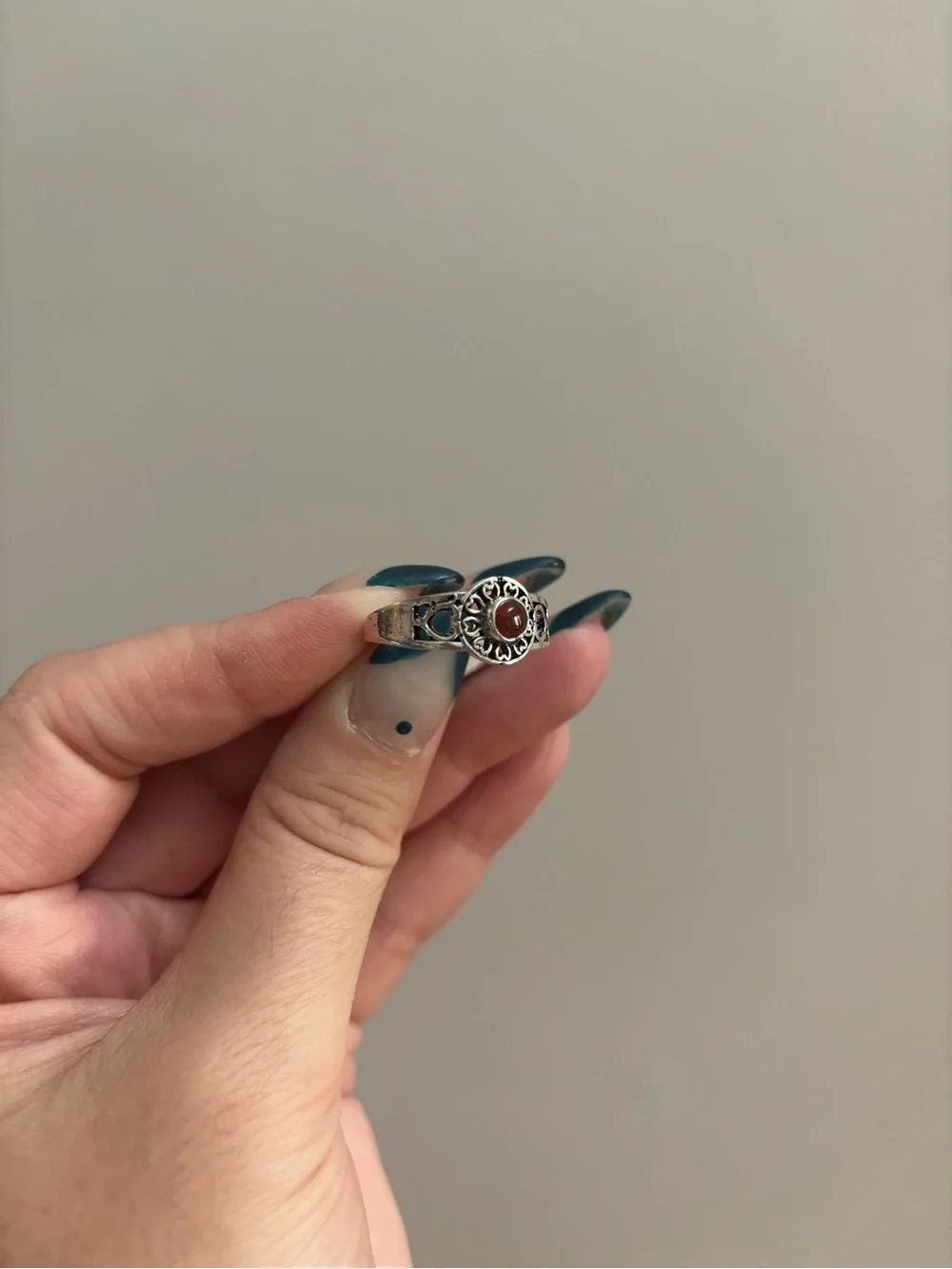 Silver Tone Ornate Heart Design Red Gem Ring